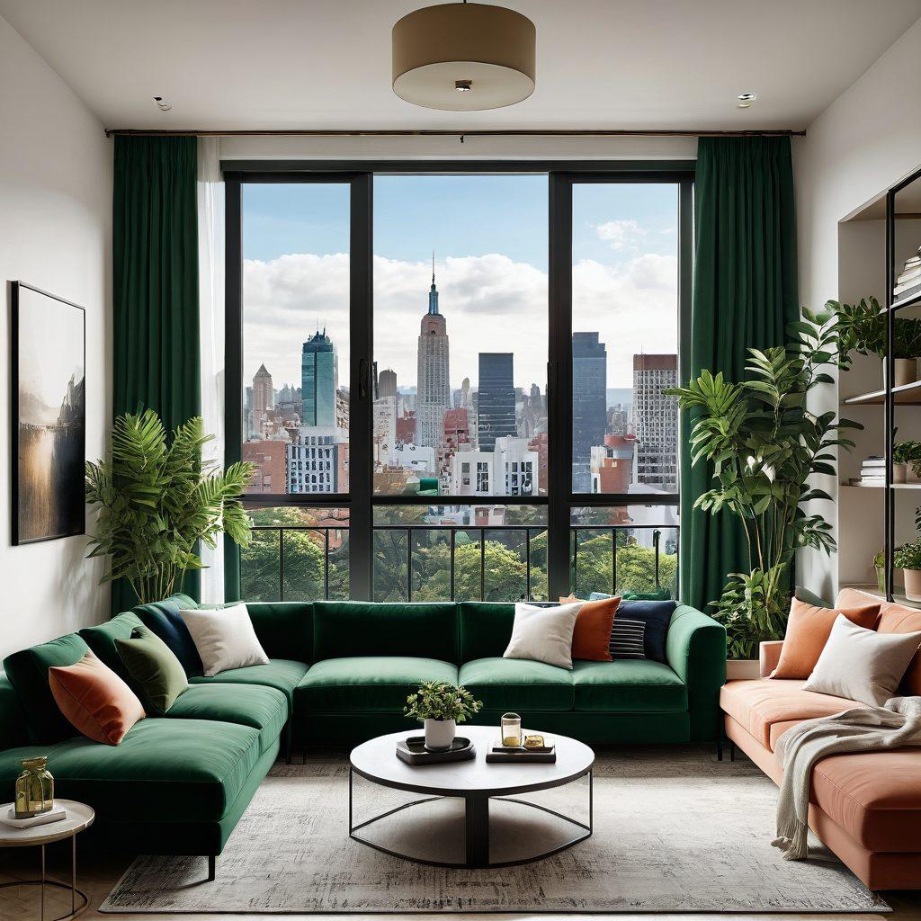 A modern, stylish apartment interior showcasing a cozy living space with a sofa, decorative plants, and chic design elements. Include a window with a cityscape view, symbolizing urban apartment living. Overlay with subtle graphics of housing market trends and apartment design tips. The color palette should be warm and inviting, with an emphasis on contemporary aesthetics. super-realistic. vibrant colors. 3D.