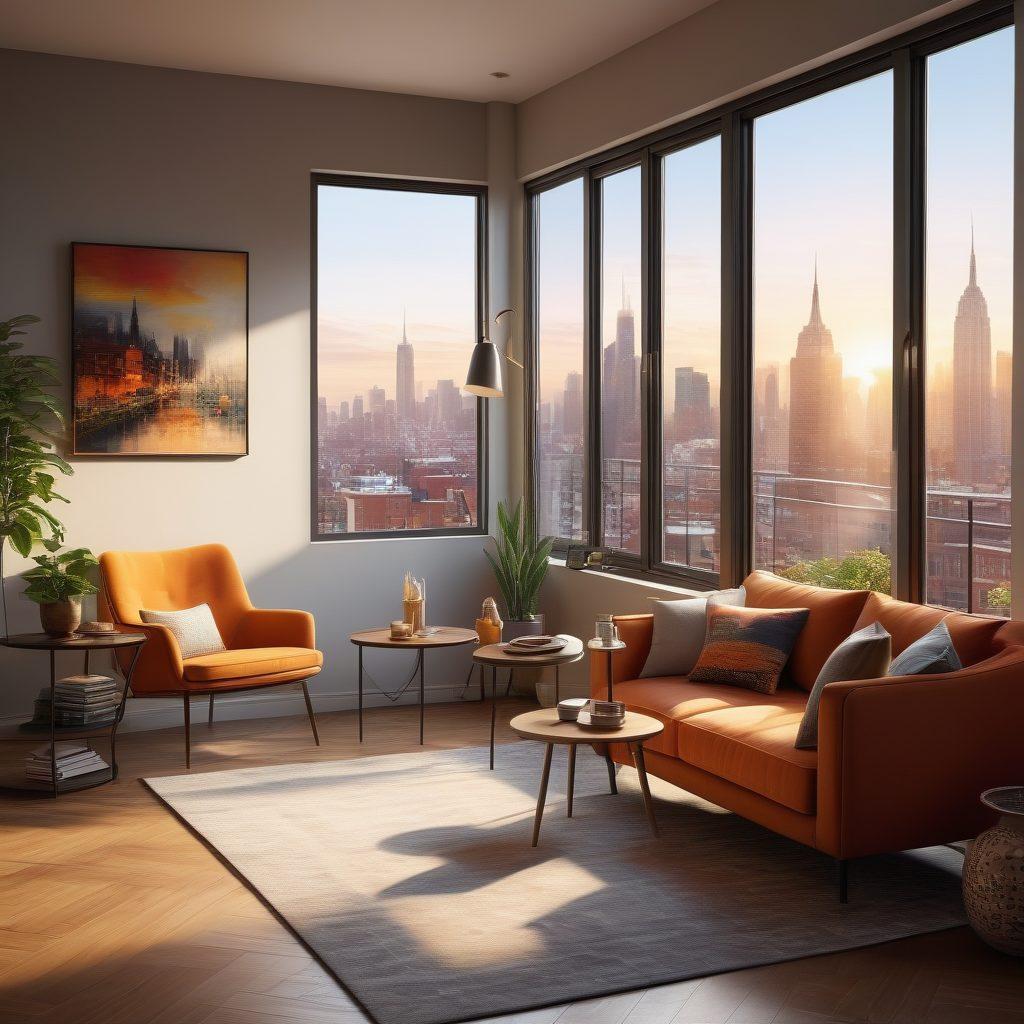 A modern apartment interior with stylish furniture, a cozy nook with open book and coffee, surrounded by symbolic icons of tenant rights like a shield, checklist, and keys. The background features sunlit windows with cityscape views, conveying empowerment and comfort in urban living. Warm tones with vibrant accents enhance the inviting atmosphere. super-realistic. bright colors. cozy ambiance.