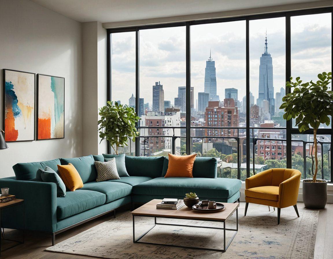A stylish, modern apartment interior showcasing a cozy living space with a blend of bright colors and elegant furniture. Include subtle hints of important real estate elements, like a 'For Rent' sign and a city skyline visible through large windows. Highlight elements that suggest comfort and contemporary living, like greenery and tasteful decor. super-realistic. vibrant colors. cozy atmosphere.